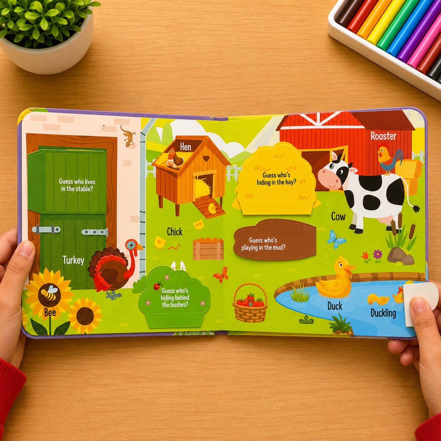 Peekaboo! Animals inside spread - farm animals including Hen, Turkey, Cow, Rooster, Duck, Duckling, Bee with lift-the-flap surprises