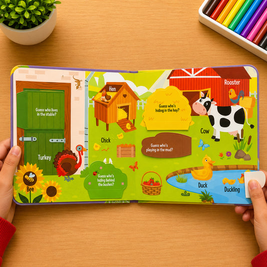 Peekaboo! Animals inside spread - farm animals including Hen, Turkey, Cow, Rooster, Duck, Duckling, Bee with lift-the-flap surprises
