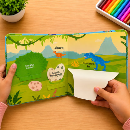 Peekaboo! Dinosaurs inside spread - jungle scene with Allosaurus, Tyrannosaurus Rex and hatching egg lift-the-flap surprises