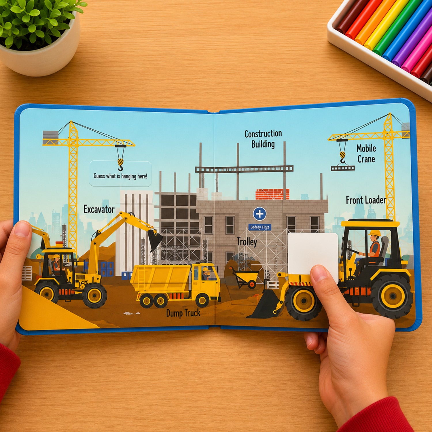 Peekaboo! Vehicles inside spread - construction site with Excavator, Dump Truck, Trolley, Mobile Crane, Front Loader and lift-the-flap surprises