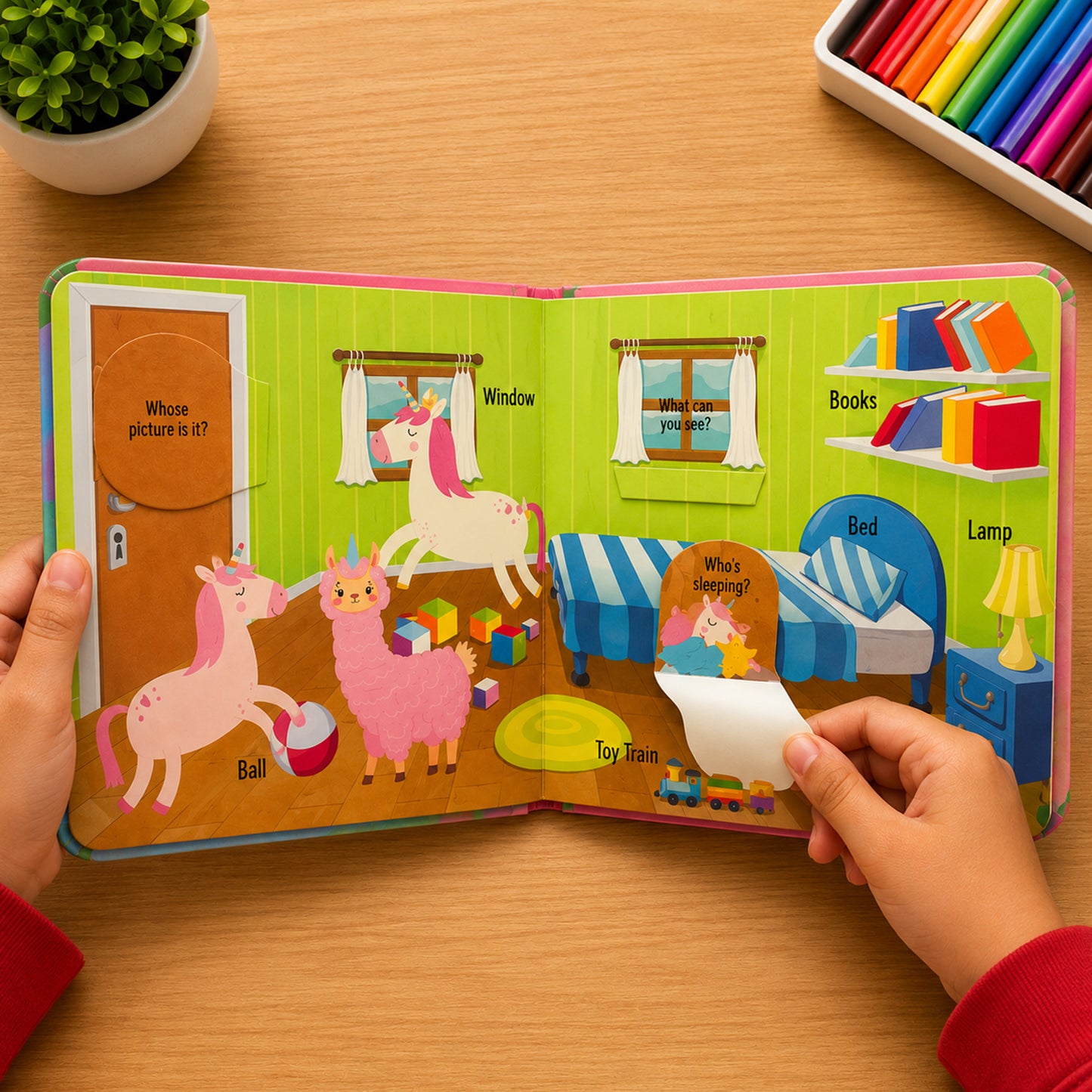 Peekaboo! Unicorns inside spread - bedroom scene with Unicorn, Llama, Ball, Toy Train, Window, Bed, Books, Lamp and lift-the-flap surprises