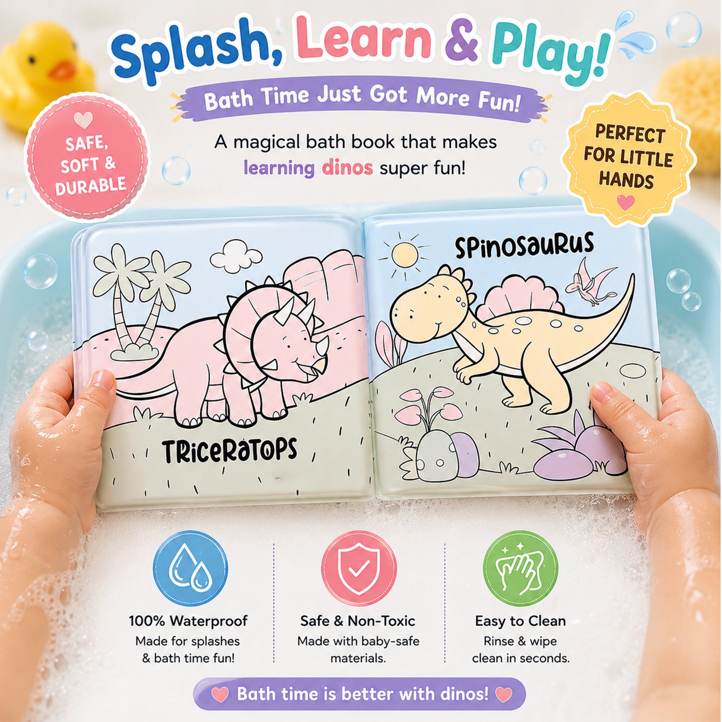 The Land of Dinos Bath Book | Waterproof Soft Bath Book for Babies & Toddlers | Interactive Bath Time Book