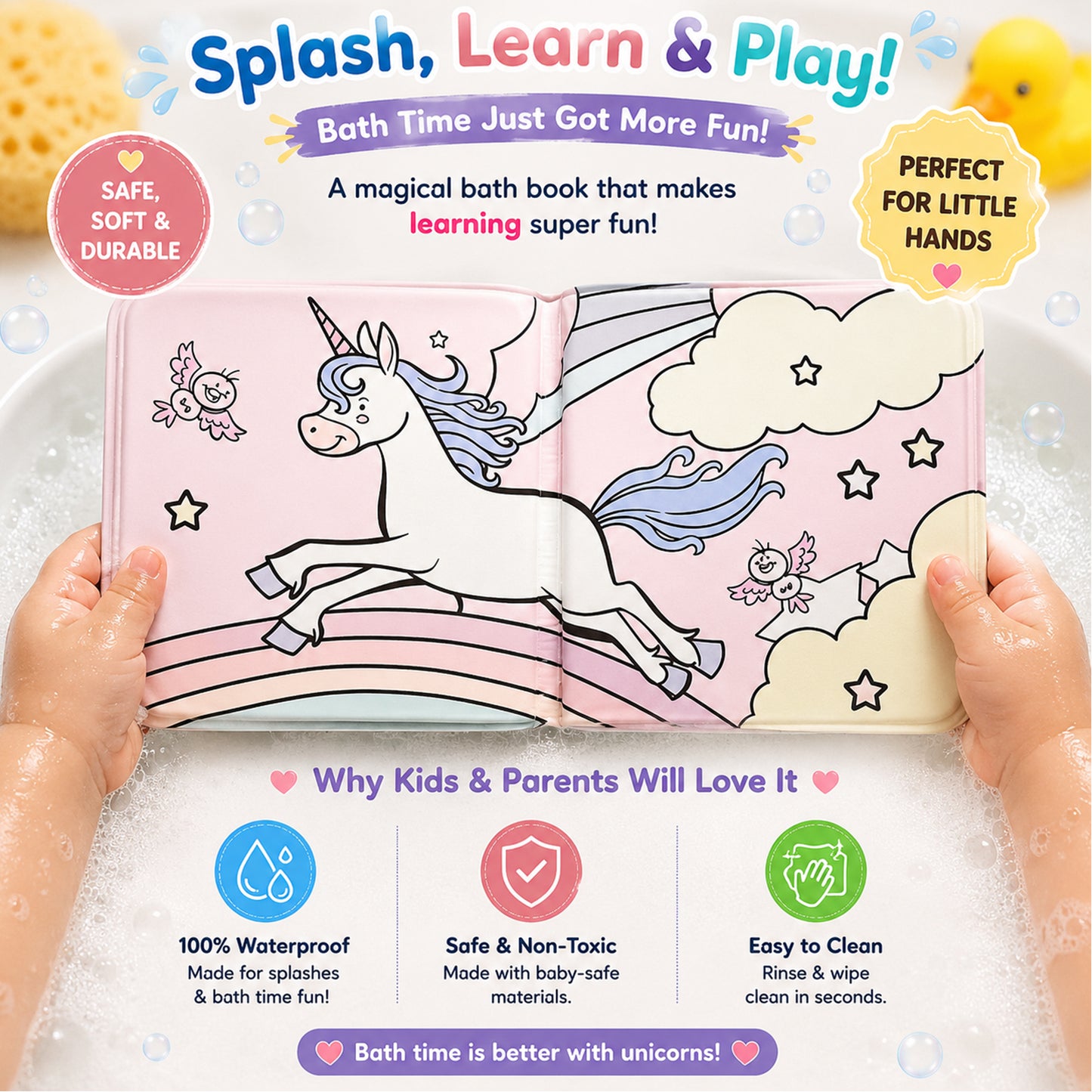 Magical Unicorns Bath Book | Waterproof Soft Bath Book for Babies & Toddlers | Interactive Bath Time Book