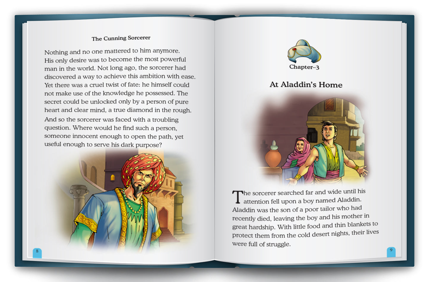 Aladdin and the Magic Lamp - Interior spread: The Cunning Sorcerer / At Aladdin's Home