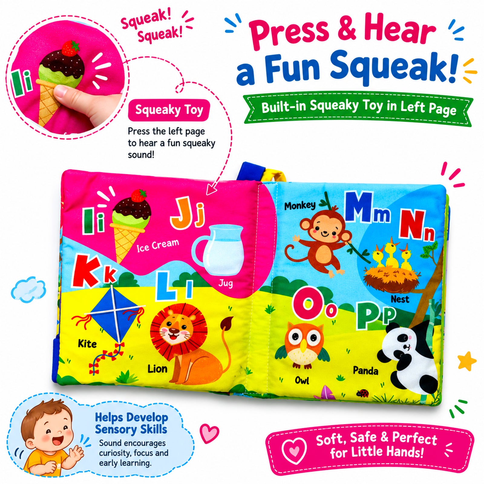 Fun With Alphabets Cloth Book - Squeaky toy feature