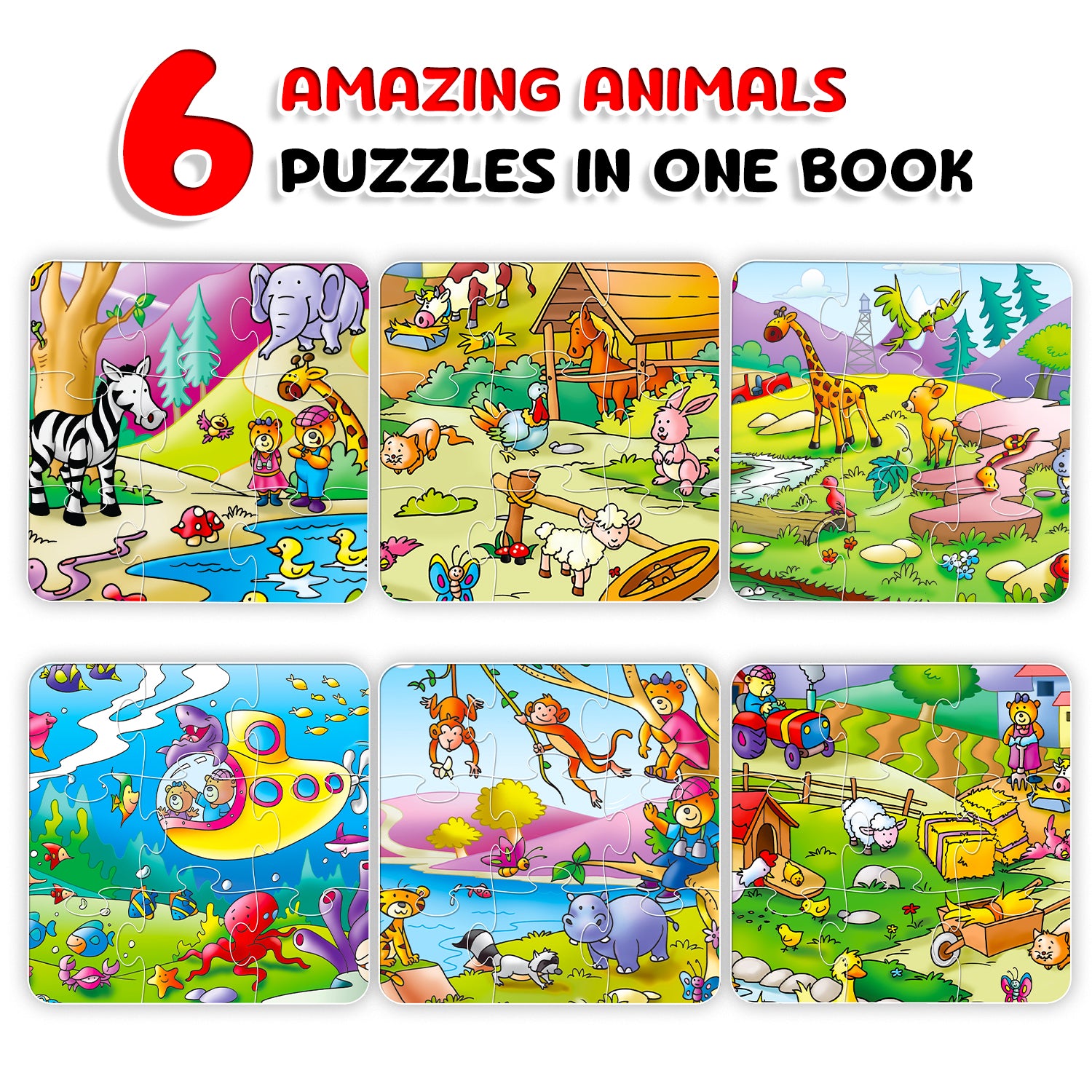 Amazing Animals Puzzle Board Book inside spread - underwater scene with Fish, Stingray, Octopus, Crab, Starfish and submarine puzzle piece