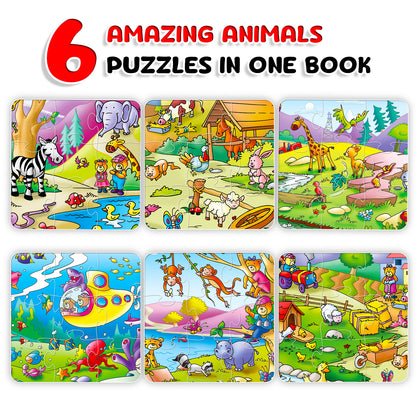 Amazing Animals Puzzle Board Book inside spread - underwater scene with Fish, Stingray, Octopus, Crab, Starfish and submarine puzzle piece