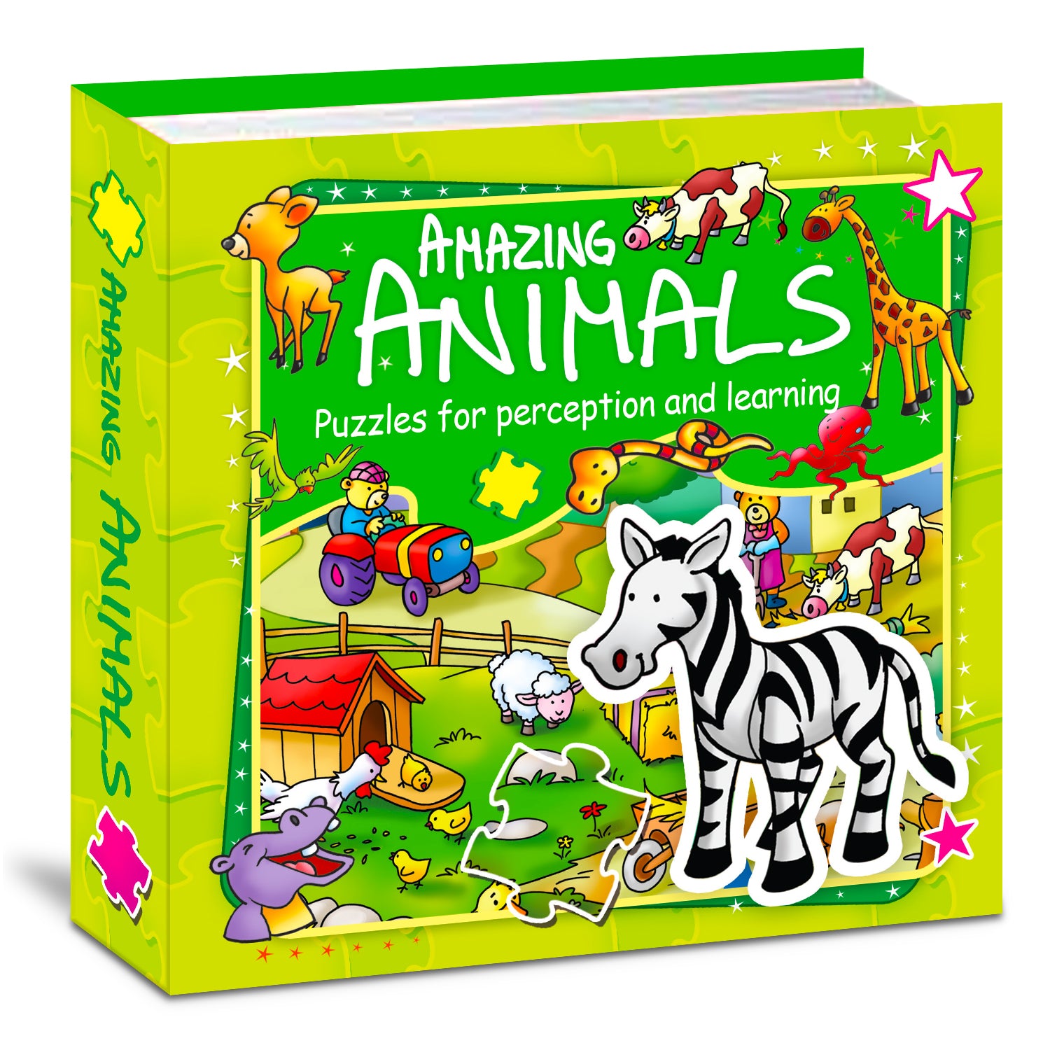 Amazing Animals 6-in-1 Puzzle Board Book front cover - Zebra puzzle piece on farm scene - Hello Friends
