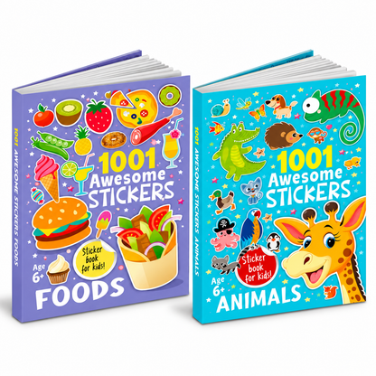 1001 Awesome Stickers – Foods & Animals Combo | 2 Mega Sticker Activity Books for Kids | 2000+ Stickers