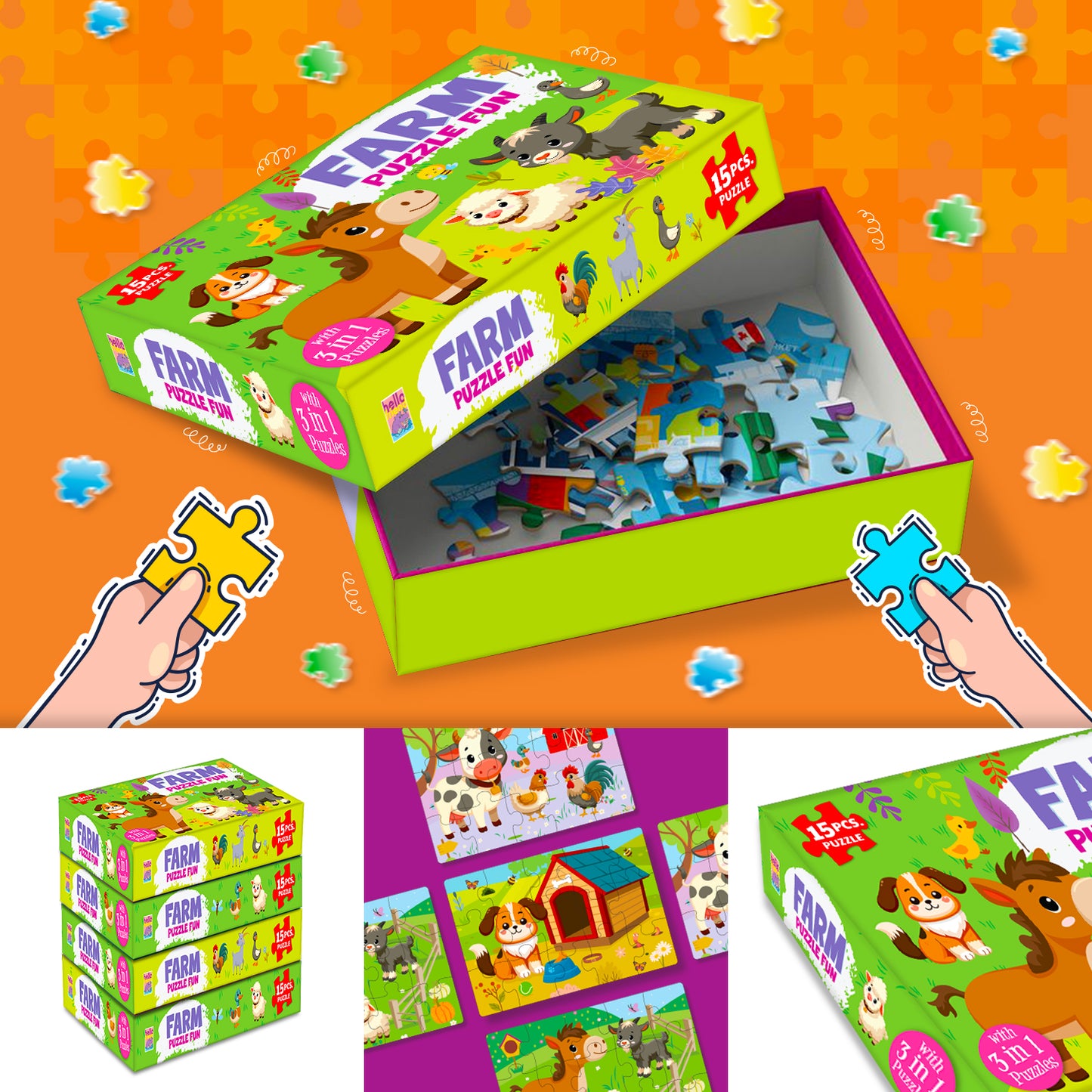 Farm Puzzle Fun Box | 3 in 1 Puzzle Set for Kids