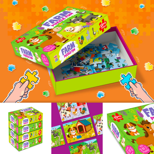 Farm Puzzle Fun Box | 3 in 1 Puzzle Set for Kids