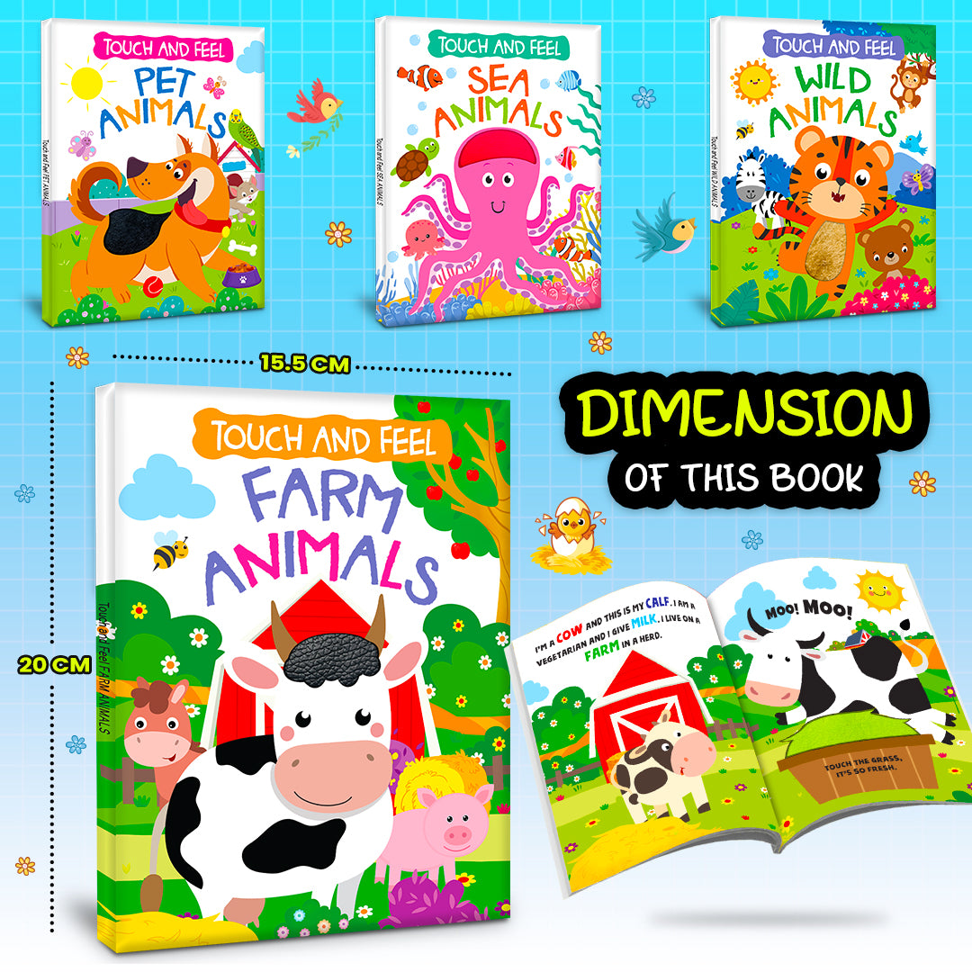 Touch and Feel Farm Animals Board Book front cover - child holding book with Cow, Pig, Calf on farm scene - Hello Friends