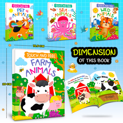 Touch and Feel Farm Animals Board Book front cover - child holding book with Cow, Pig, Calf on farm scene - Hello Friends