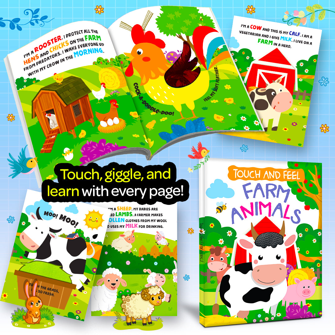 Touch and Feel Farm Animals Board Book - It's a Farm Full of Touchable Fun - child touching Rooster spread with tactile feather texture