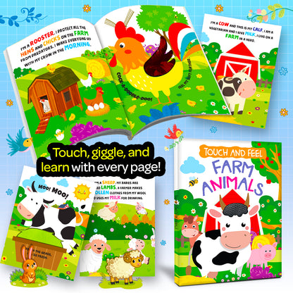 Touch and Feel Farm Animals Board Book - It's a Farm Full of Touchable Fun - child touching Rooster spread with tactile feather texture