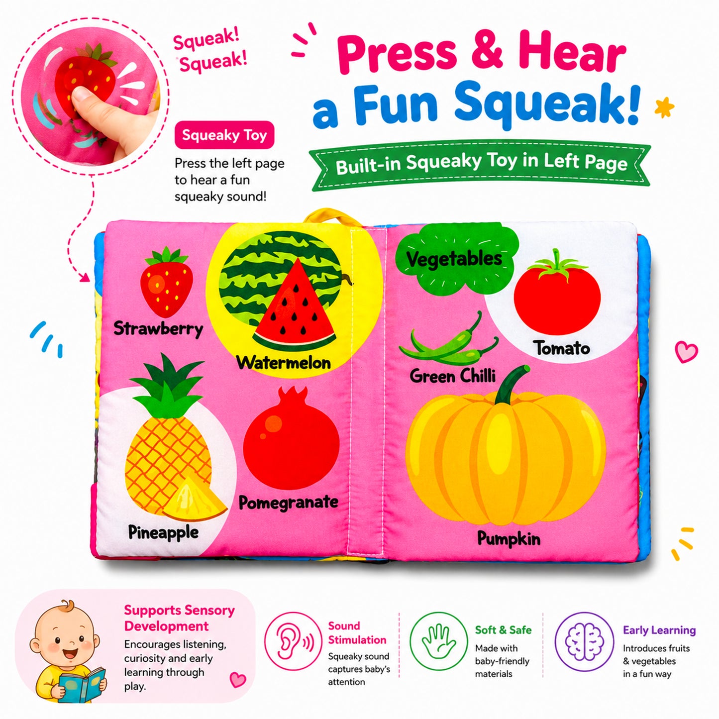 Fun With Fruits & Vegetables Cloth Book - Squeaky toy feature