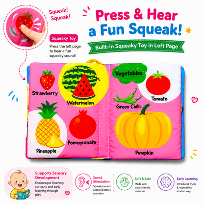 Fun With Fruits & Vegetables Cloth Book - Squeaky toy feature