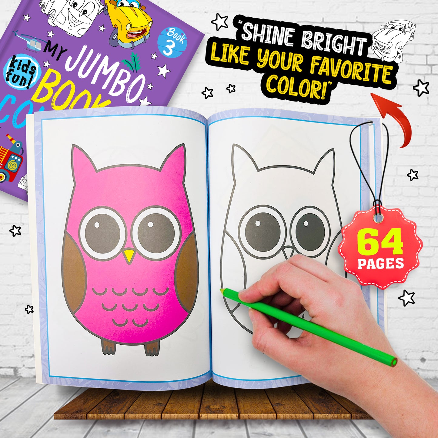 My Jumbo Book of Coloring 3 - Interior spread: owl colouring page with colour reference, 64 pages
