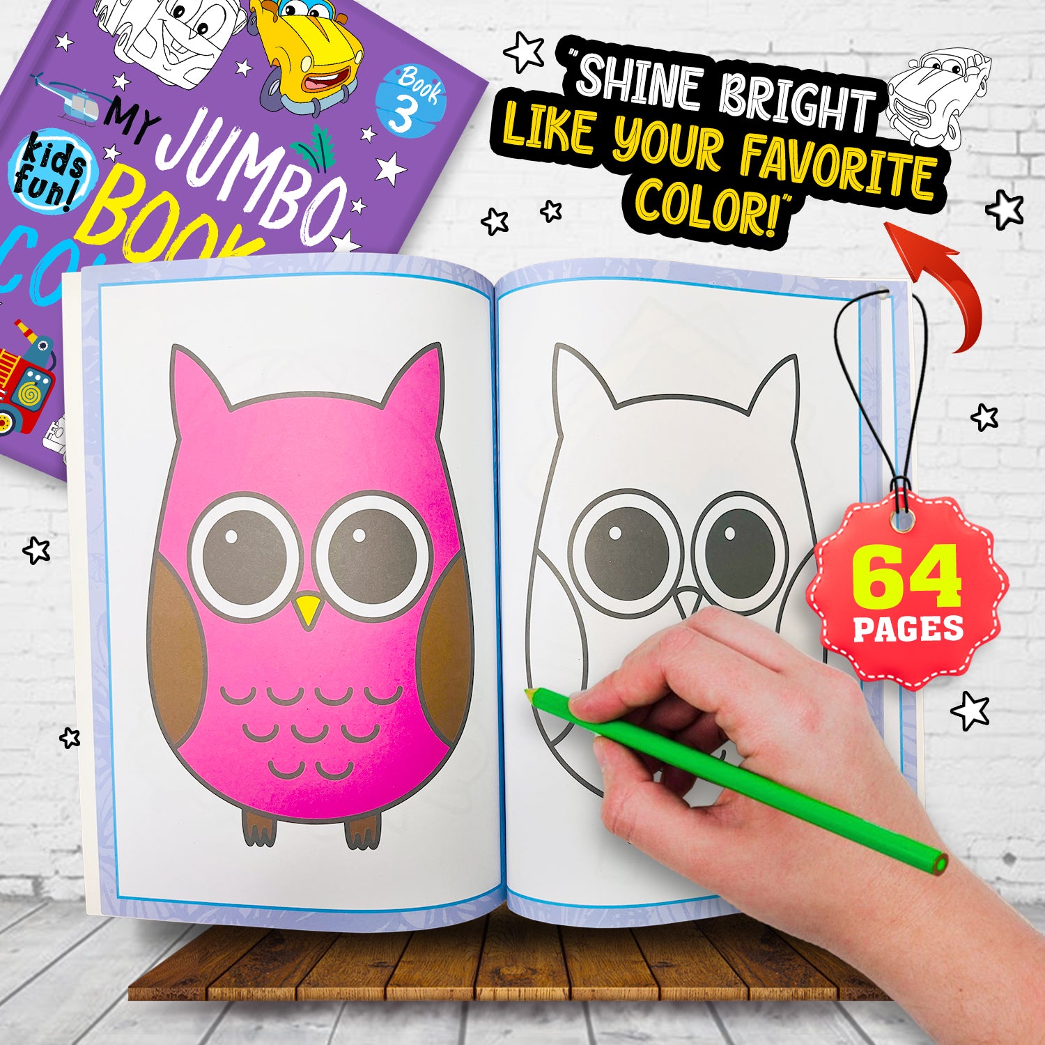 My Jumbo Book of Coloring 3 - Interior spread: owl colouring page with colour reference, 64 pages