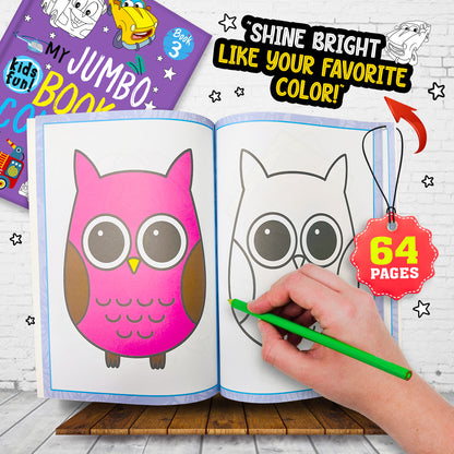 My Jumbo Book of Coloring 3 - Interior spread: owl colouring page with colour reference, 64 pages