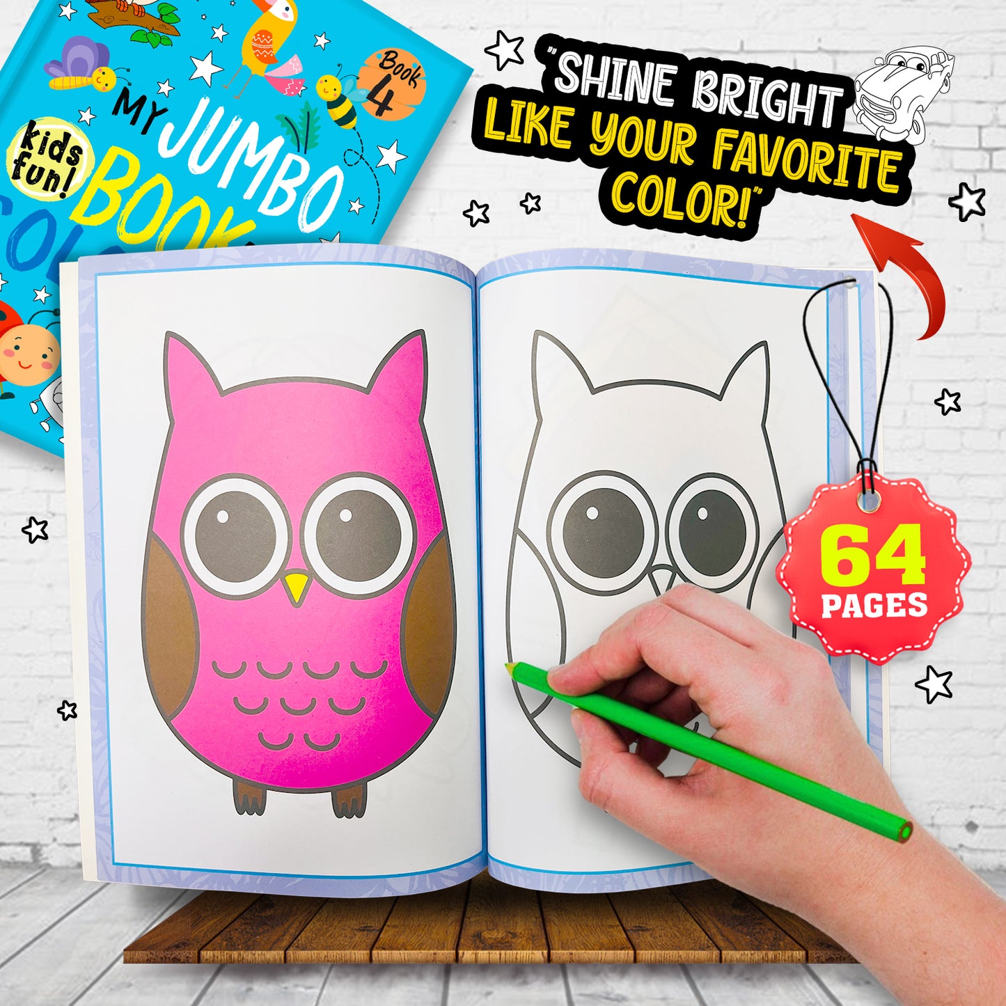 My Jumbo Book of Coloring 4 - Interior spread: owl colouring page with colour reference, 64 pages