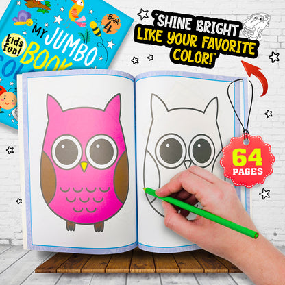 My Jumbo Book of Coloring 4 - Interior spread: owl colouring page with colour reference, 64 pages