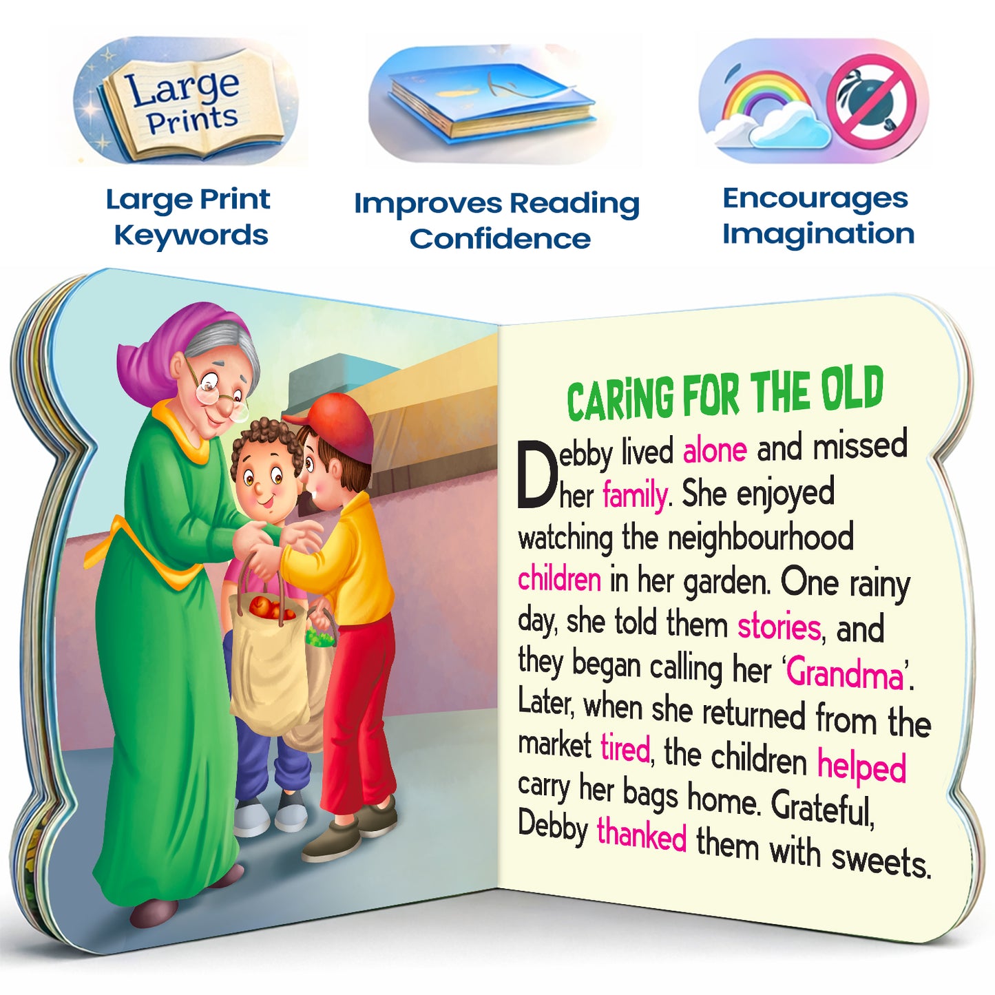 5-in-1 Moral Value Stories - Interior spread Caring for the Old story with features