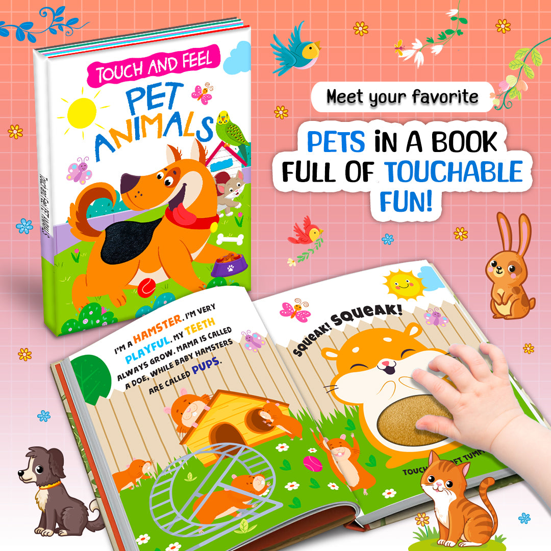 Touch and Feel Pet Animals Board Book 3D cover view - Dog with tactile fur texture on white background