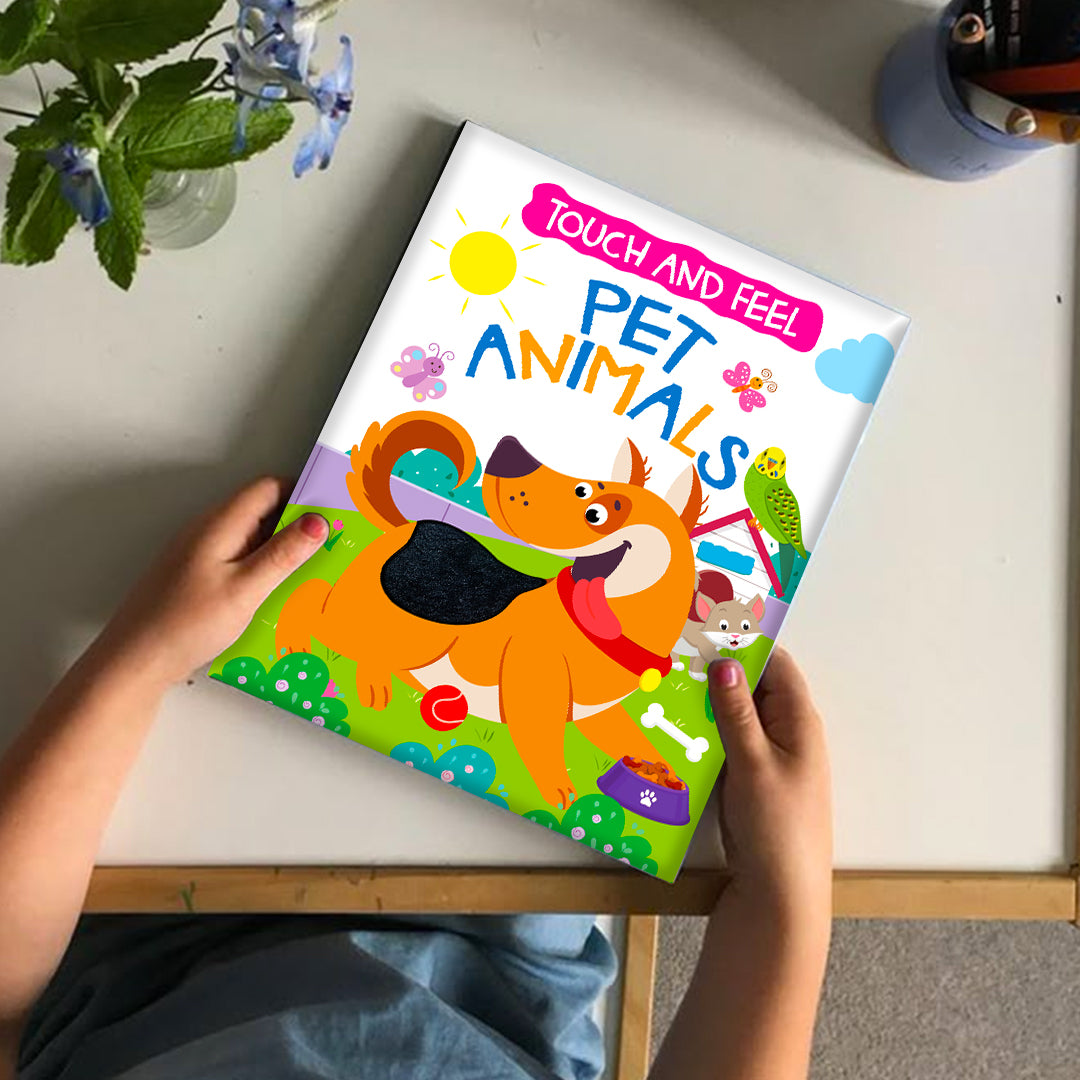 Touch and Feel Pet Animals Board Book back cover showing ISBN 9789355414533 - TFB-003 with series titles Farm Animals, Pet Animals, Sea Animals, Wild Animals