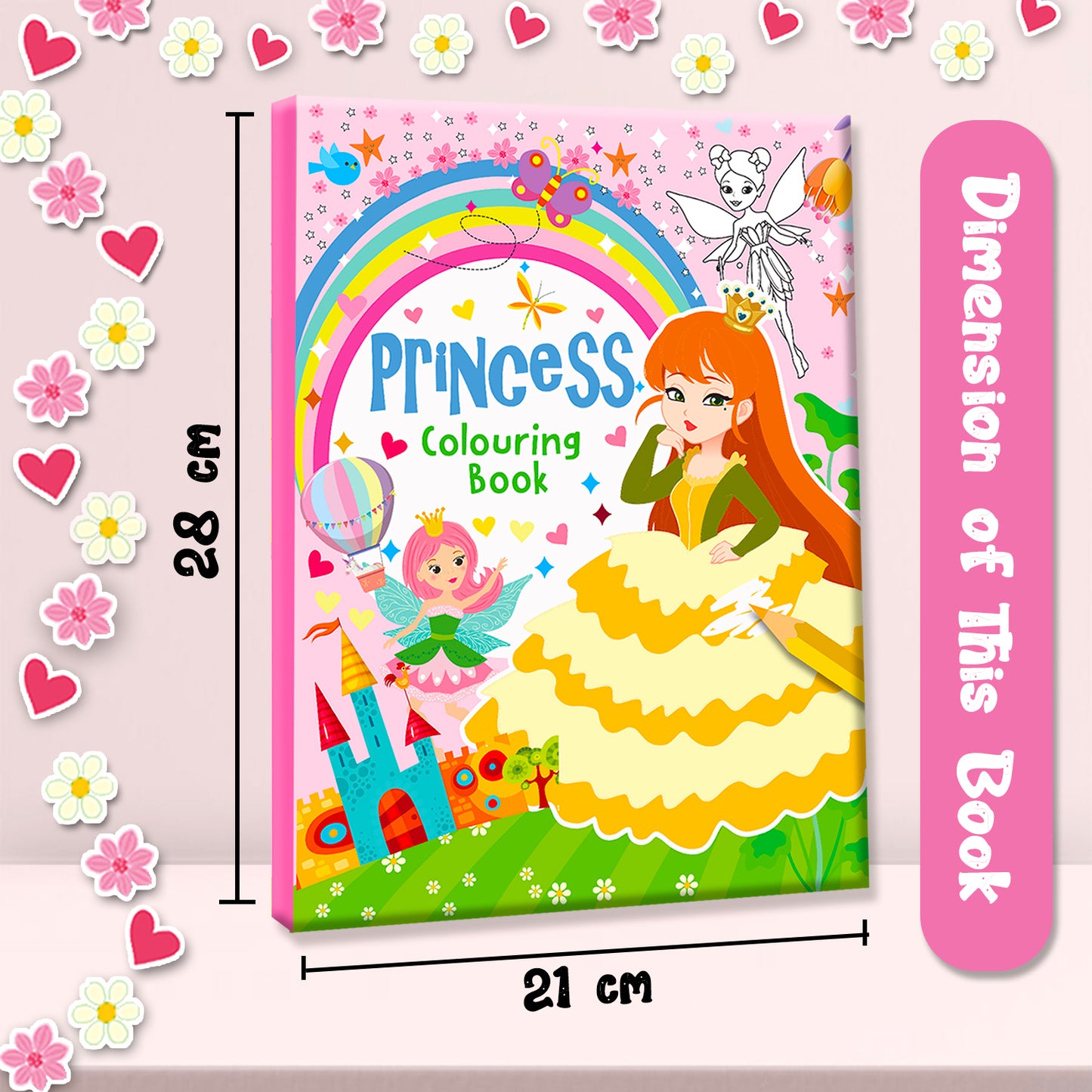 Princess Colouring Book Pink - Front and back cover lifestyle with coloured pencils