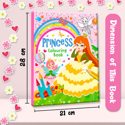 Princess Colouring Book Pink - Front and back cover lifestyle with coloured pencils