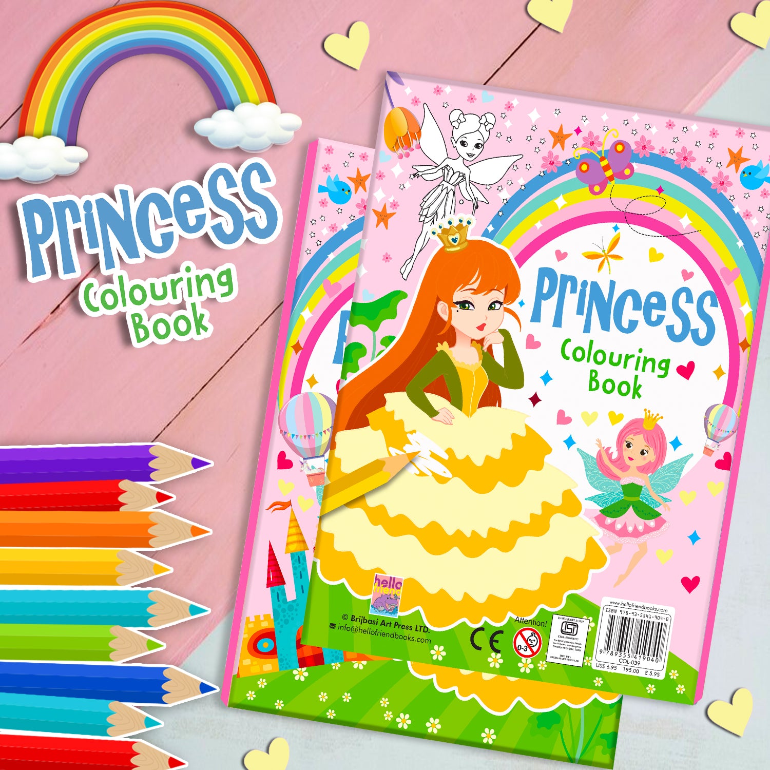 Princess Colouring Book Pink - Interior spread: princess colouring page with colour reference