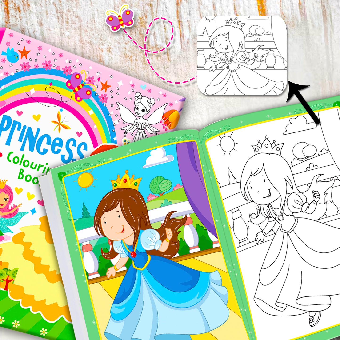 Princess Colouring Book Pink - Interior spread: Magical Creatures To Color and Explore — 64 pages, child colouring