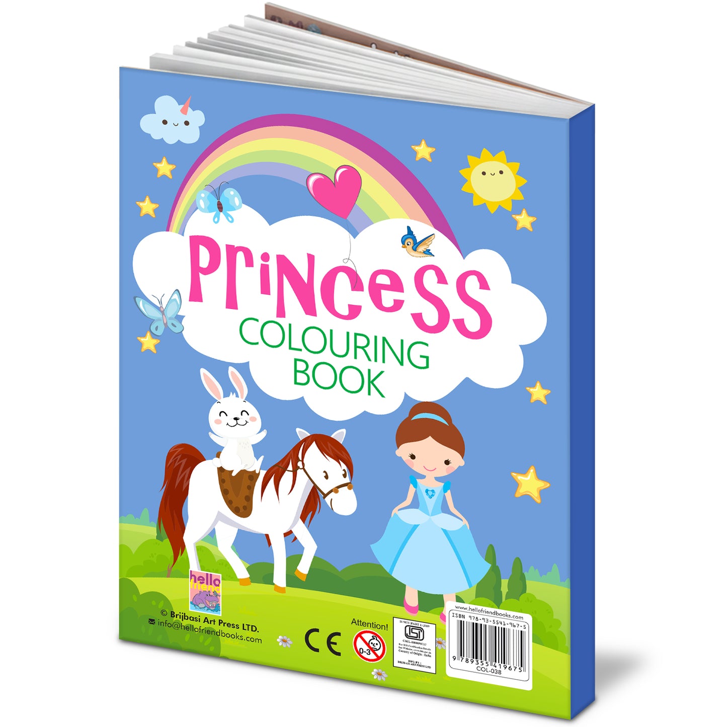Princess Colouring Book Blue - Back cover 3D view with barcode and ISBN COL-038