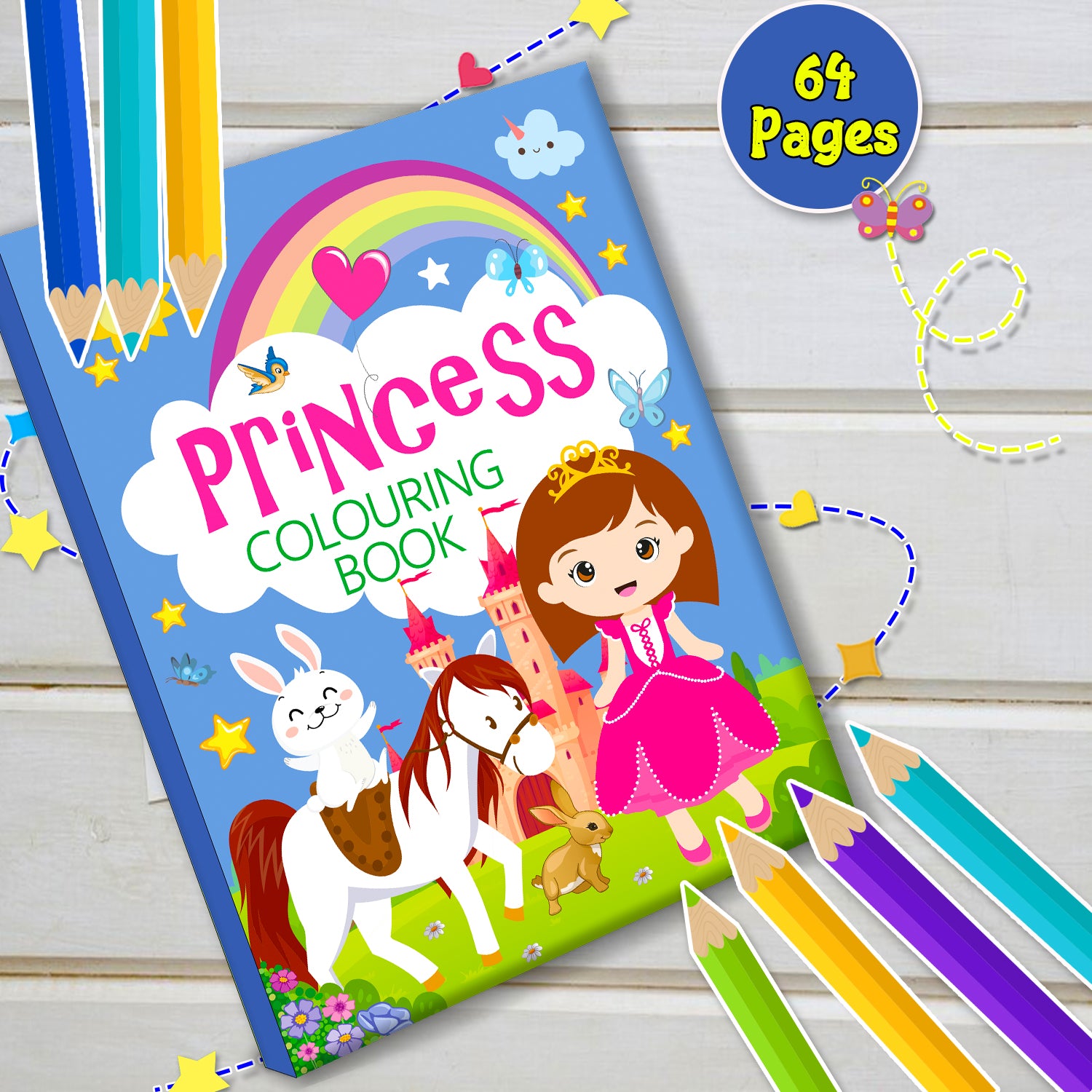 Princess Colouring Book Blue - Front cover flat with 64 pages badge and coloured pencils