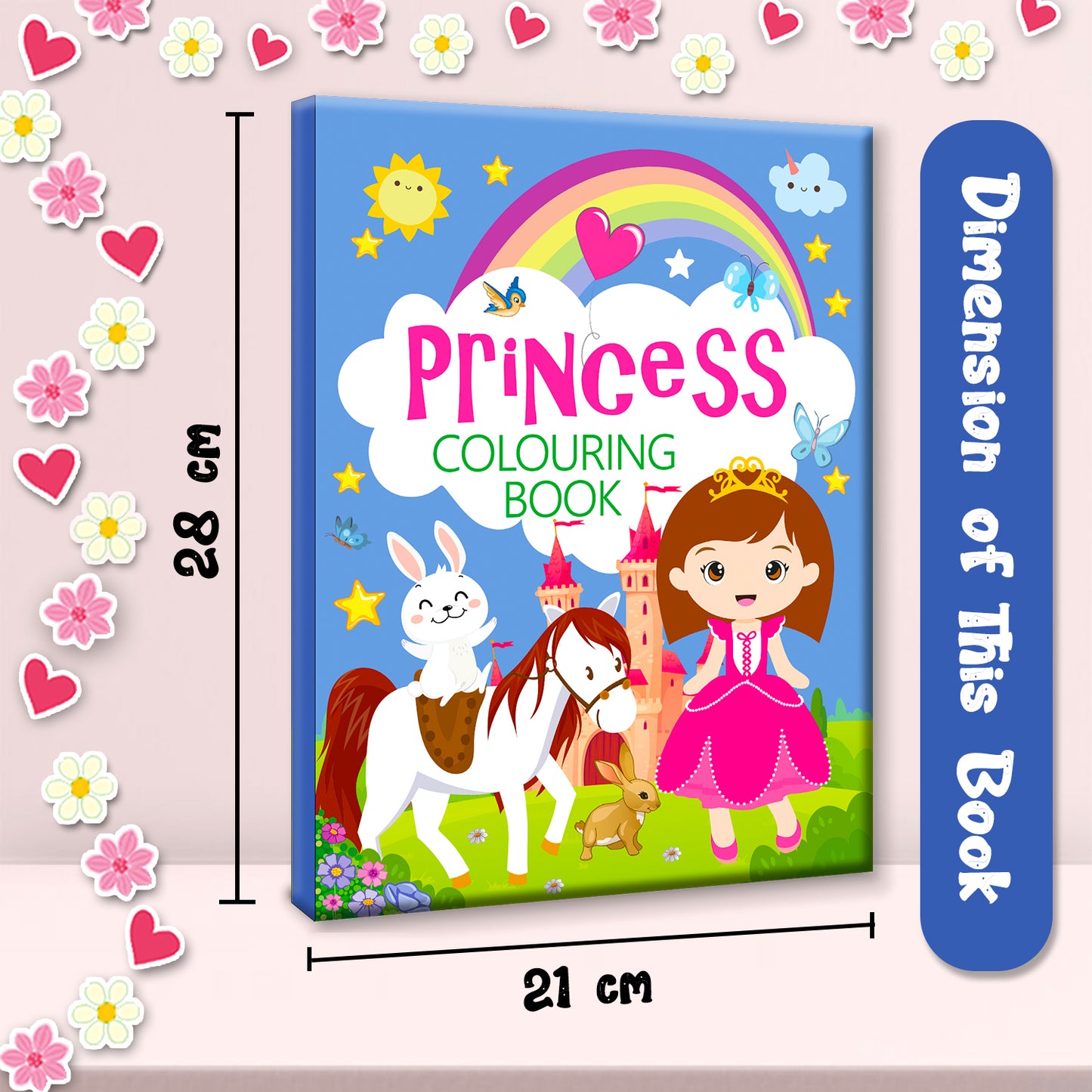 Princess Colouring Book Blue - Dimensions 21x28 cm with floral border