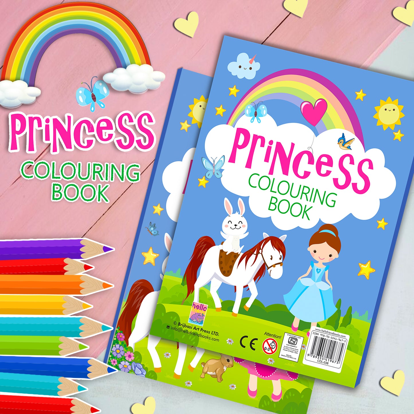 Princess Colouring Book Blue - Two books lifestyle display with coloured pencils