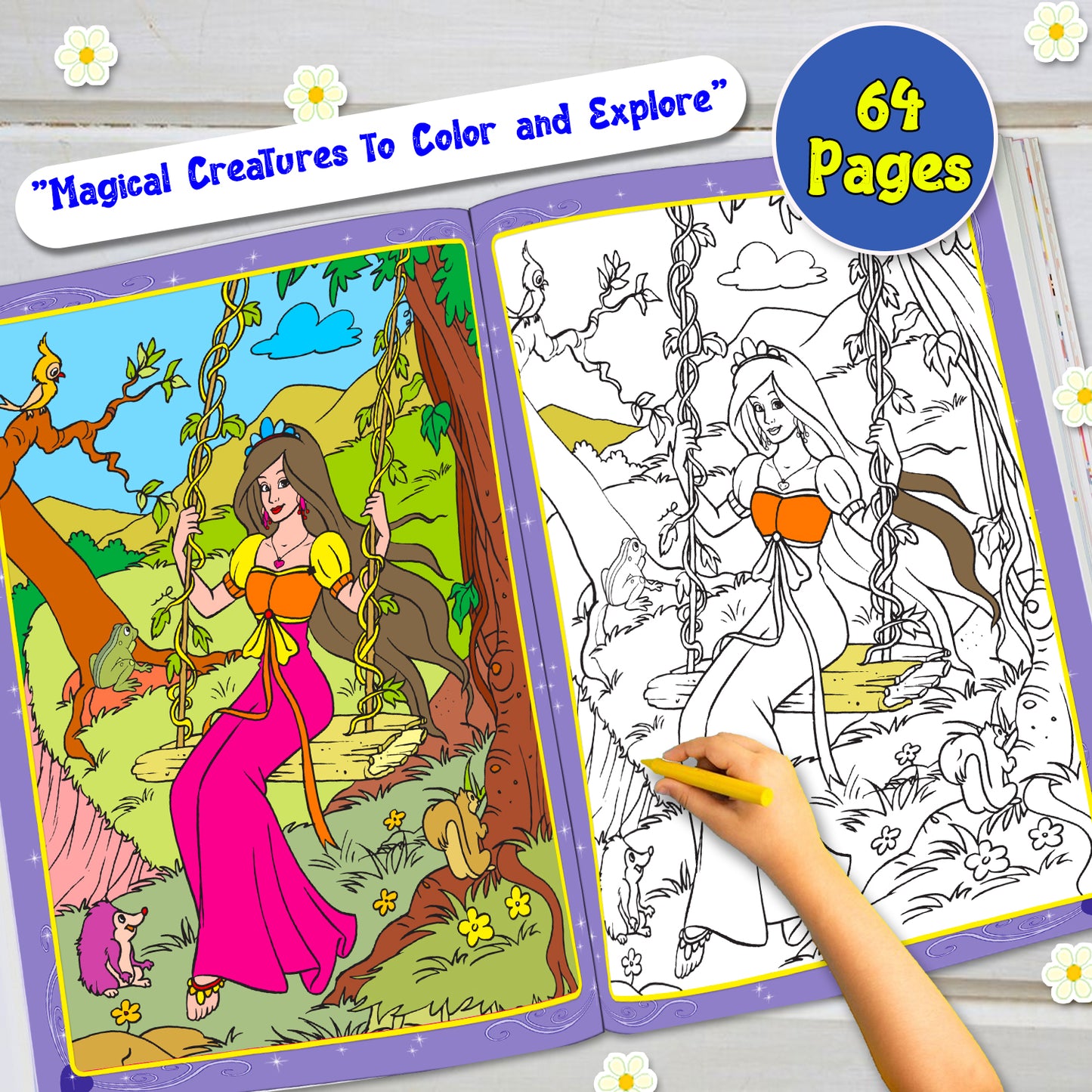 Princess Colouring Book Blue - Front and back cover lifestyle with coloured pencils rainbow background