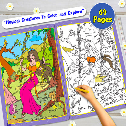 Princess Colouring Book Blue - Front and back cover lifestyle with coloured pencils rainbow background