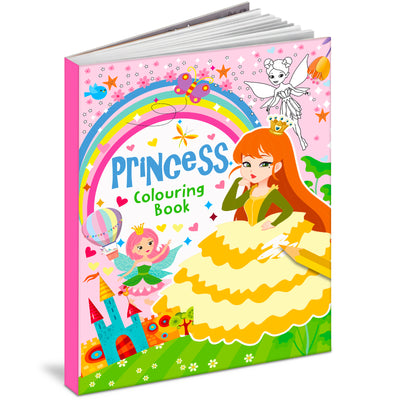 Princess Colouring Book Pink - Front cover with 64 pages badge and coloured pencils
