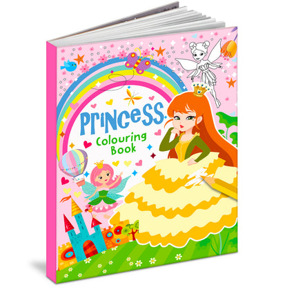 Princess Colouring Book Pink - Front cover with 64 pages badge and coloured pencils