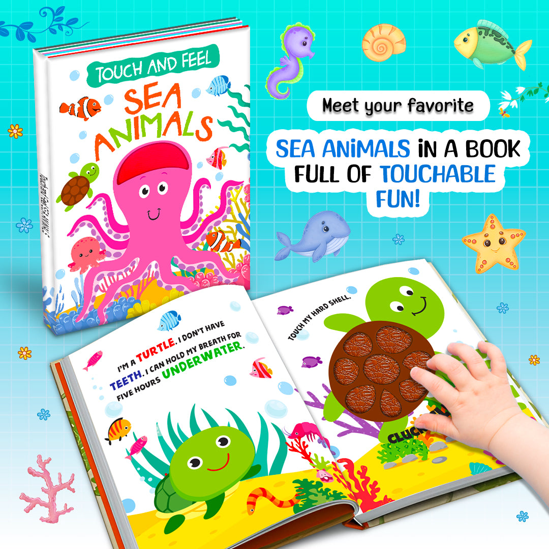 Touch and Feel Sea Animals Board Book - child holding book on table - Octopus front cover lifestyle shot