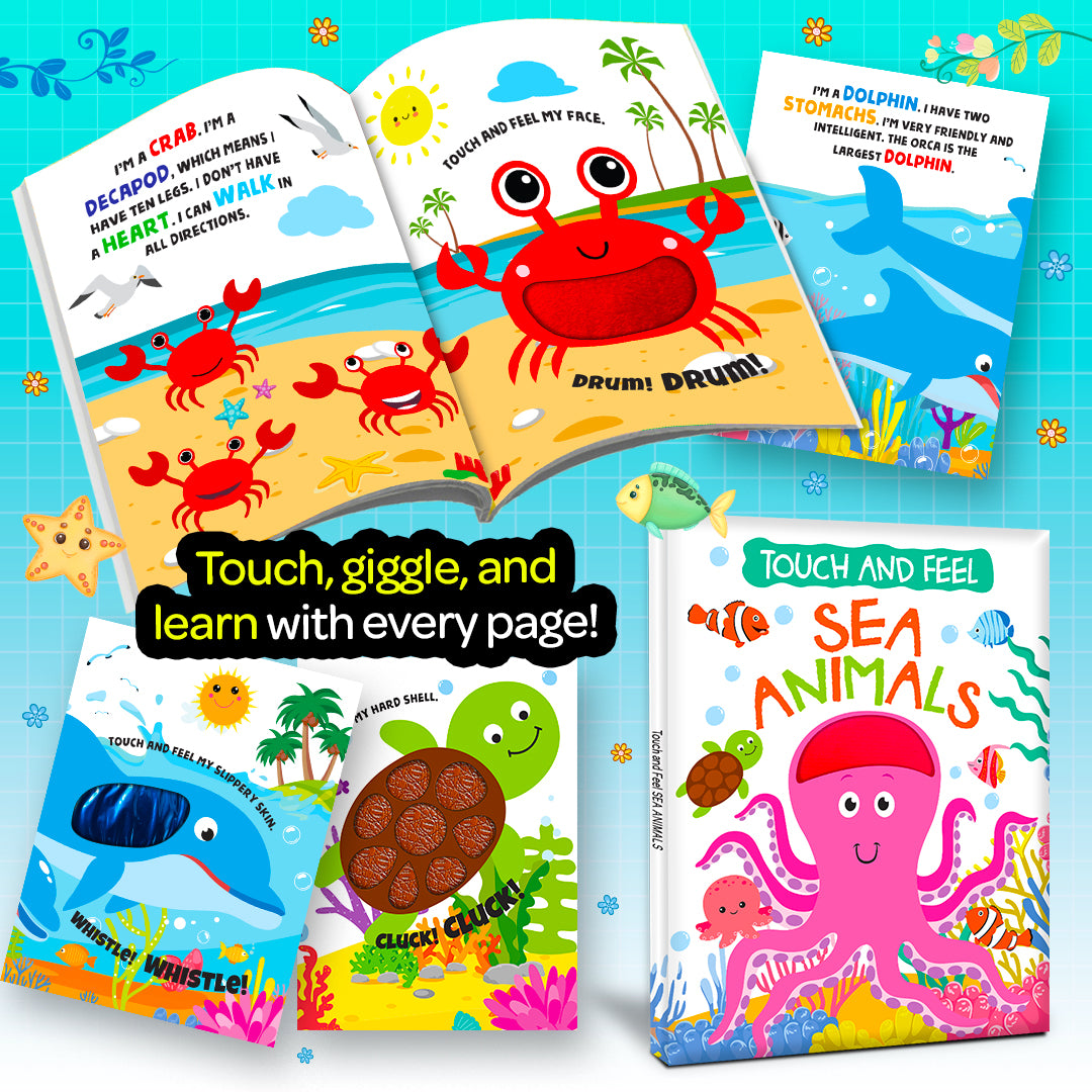 Touch and Feel Sea Animals Board Book 3D cover view - Octopus with series titles Farm Animals, Pet Animals, Sea Animals, Wild Animals - ISBN 9789355418012