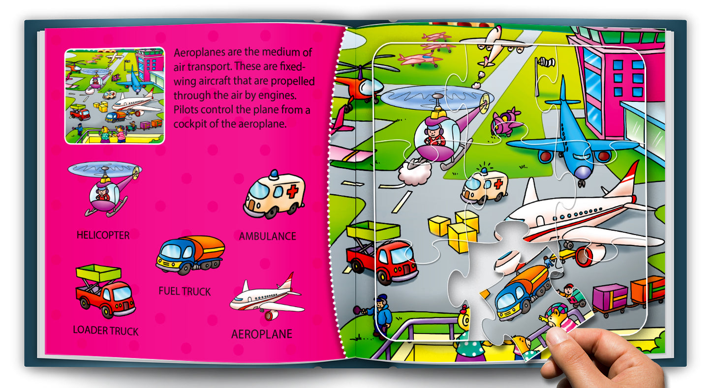 Transiting Transport Puzzle Board Book inside spread - construction site with Road Machine, Barricade, Wheelbarrow, Spade, Hosepipe, Helmet puzzle pieces