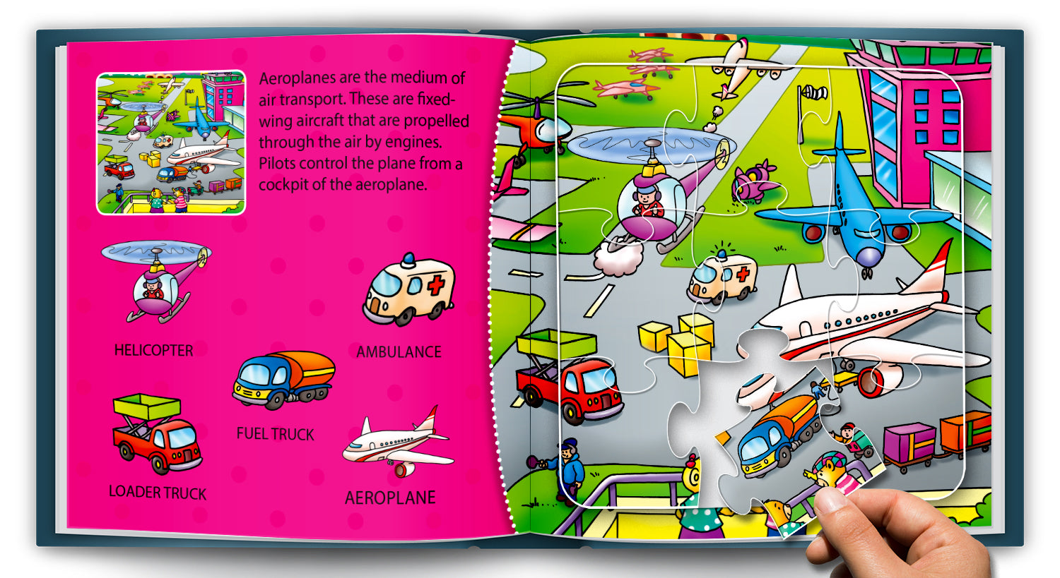 Transiting Transport Puzzle Board Book inside spread - construction site with Road Machine, Barricade, Wheelbarrow, Spade, Hosepipe, Helmet puzzle pieces