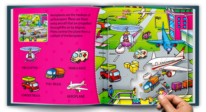 Transiting Transport Puzzle Board Book inside spread - construction site with Road Machine, Barricade, Wheelbarrow, Spade, Hosepipe, Helmet puzzle pieces