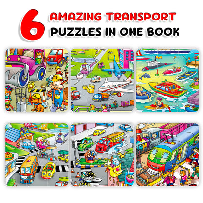 Transiting Transport Puzzle Board Book inside spread - airport scene with Helicopter, Ambulance, Fuel Truck, Loader Truck, Aeroplane puzzle pieces
