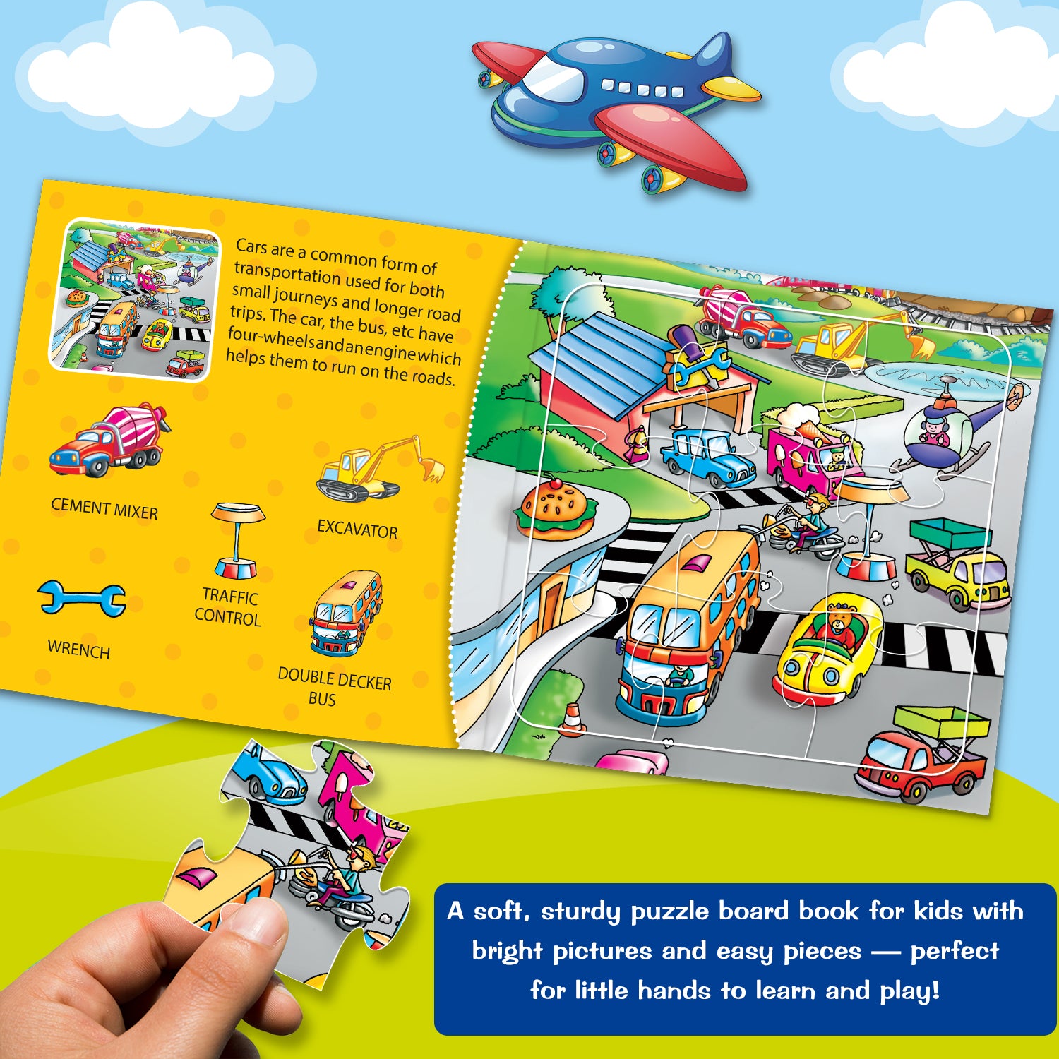 Transiting Transport Puzzle Board Book inside spread - road scene with Cement Mixer, Excavator, Traffic Control, Wrench, Double Decker Bus puzzle piece being placed