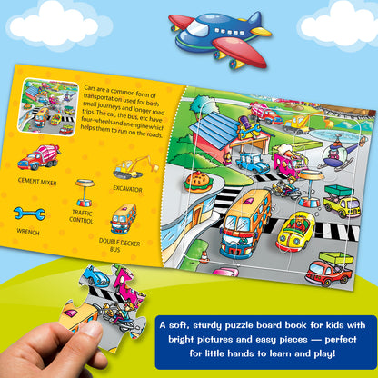 Transiting Transport Puzzle Board Book inside spread - road scene with Cement Mixer, Excavator, Traffic Control, Wrench, Double Decker Bus puzzle piece being placed