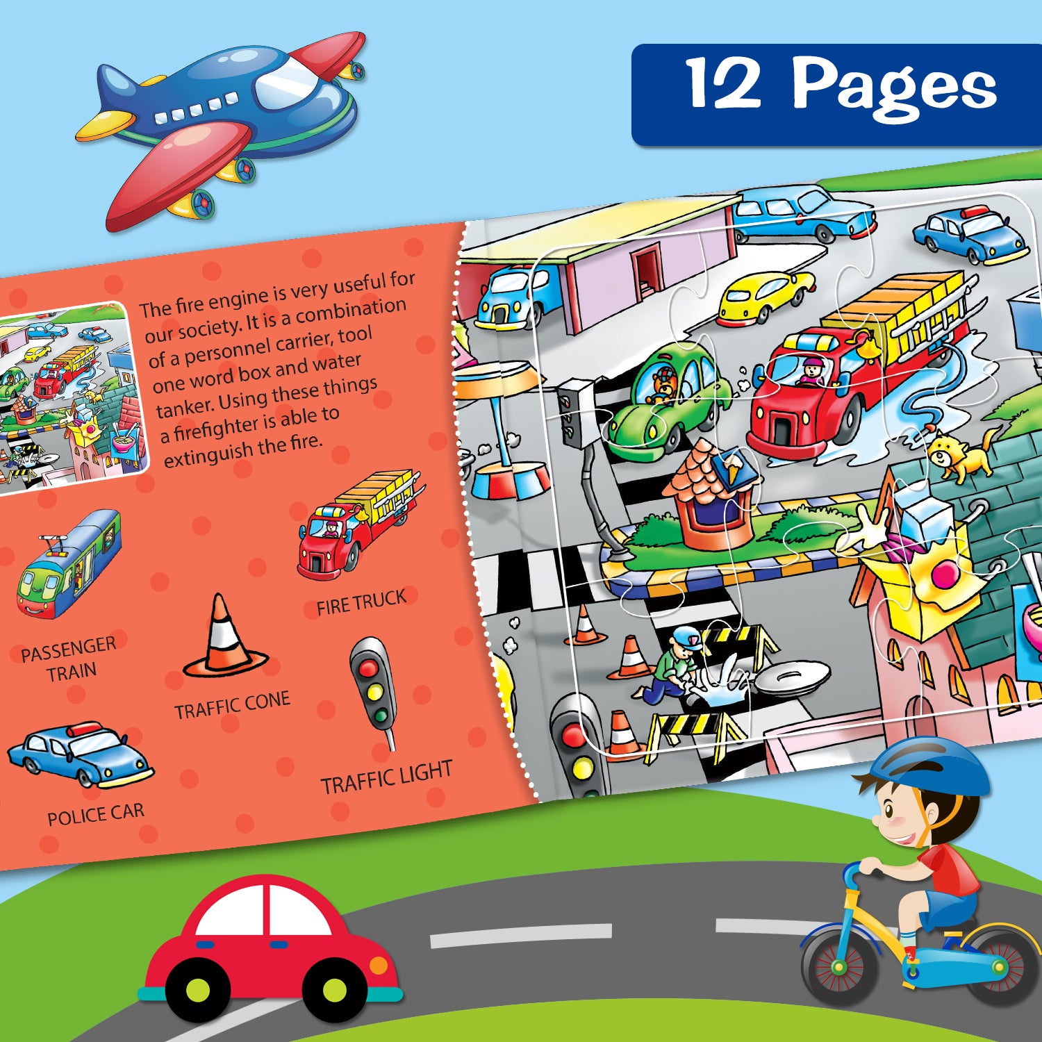 6 Amazing Transport Puzzles in One Book - construction site, airport, water transport, city road, street, railway station scenes